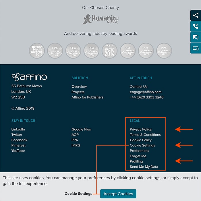 1 : GDPR Links in Footer / Cookie Consent Bar
