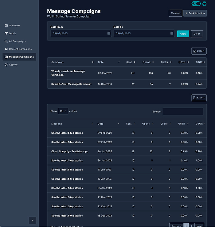 Affino Client Message Campaign Dashboard