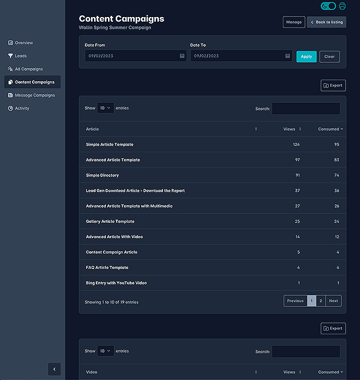 Affino Client Content Capaign Dashboard